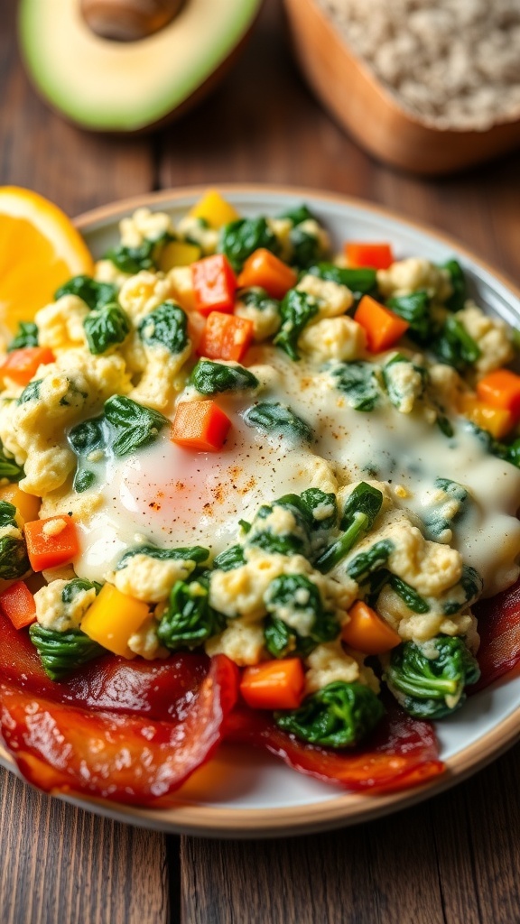 A plate of low-carb egg scramble with spinach and bell peppers, garnished with cheese and served with bacon.